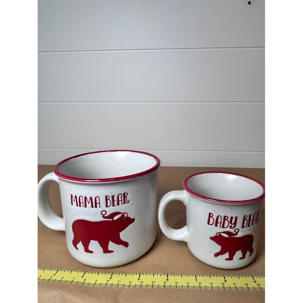 Peppermint & Pine Mama Bear‎ and Baby Bear Christmas Mug Set Red White Speckled